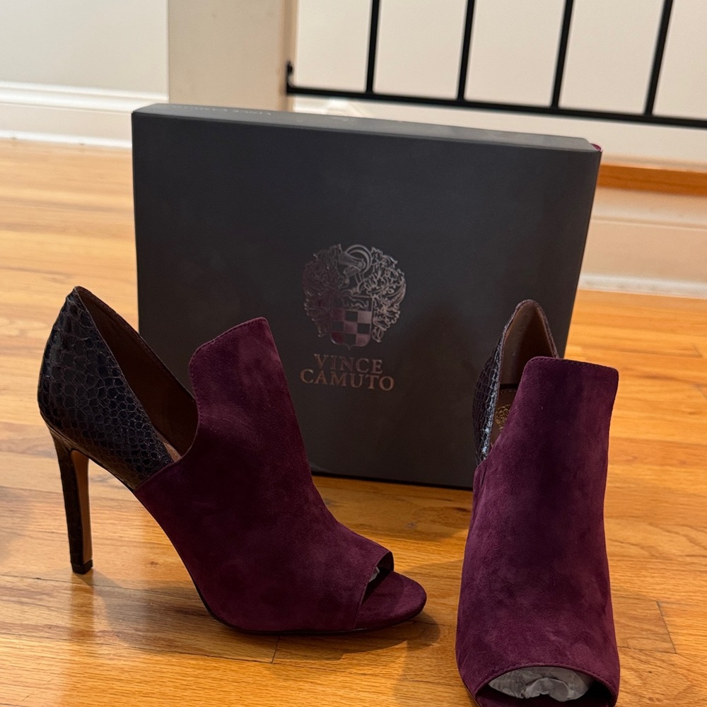 Vince Camuto Plum Suede Peep-Toe Heels with Textured Back
